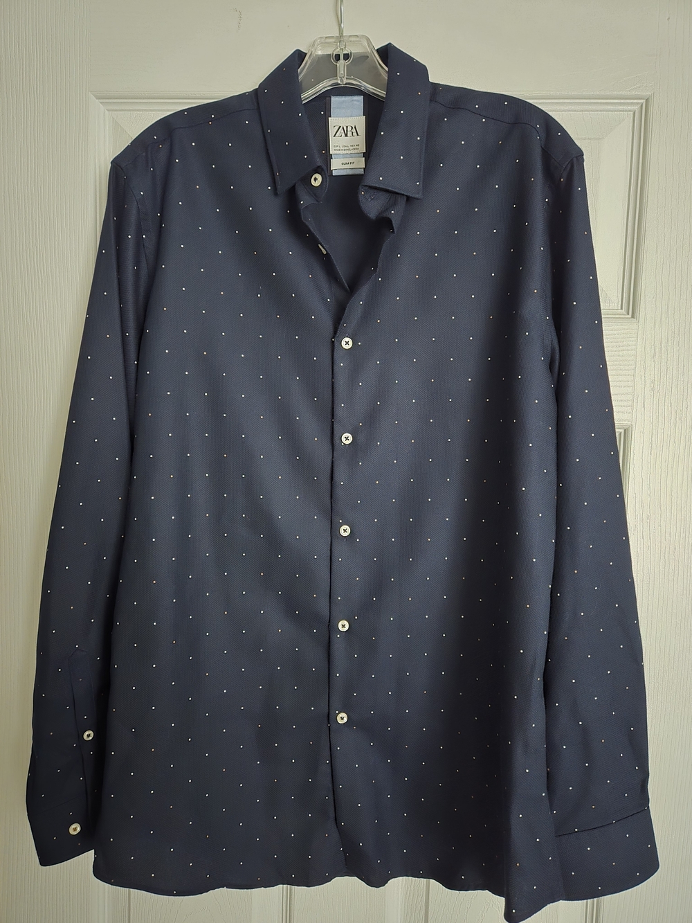 ZARA Navy Blue Microdot Button-Down Shirt, Size Large